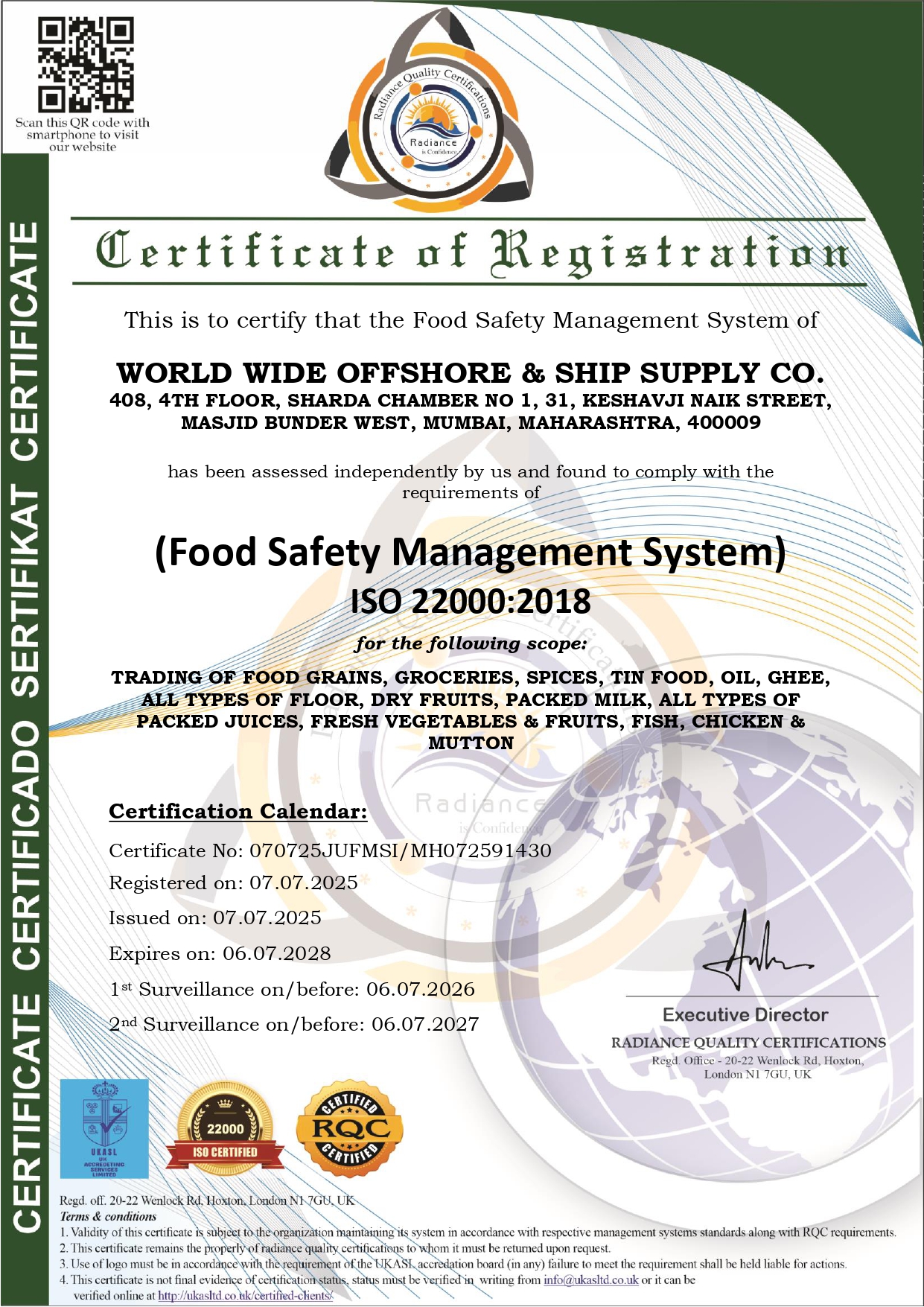 ISO 22000:2018 Certificate